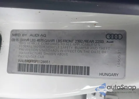2015 Audi A3 2.0T Premium z USA, uszkodzony, nr VIN WAUBFGFF5F1128651